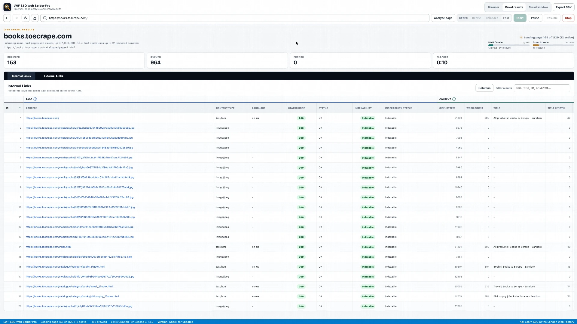 SEO Web Spider displaying crawl results with URLs, status codes, indexability and page titles.